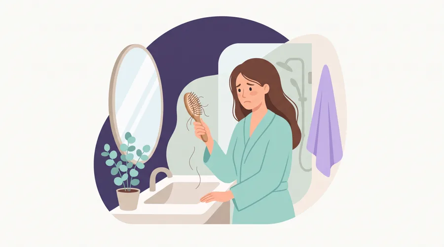 Mujer mirando su cepillo lleno de cabello caído