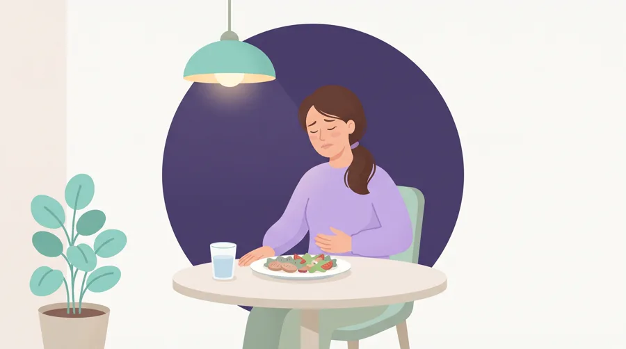 Mujer con náuseas frente a un plato de comida, sin poder comer