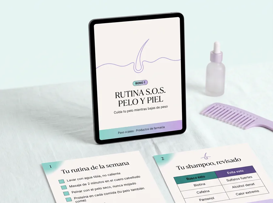 Bono 1: Rutina S.O.S. Pelo y Piel en tablet, con hojas de rutina y revisión de shampoo