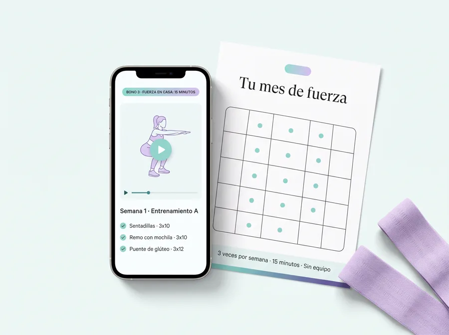 Bono 3: Fuerza en Casa 15 Minutos, video de ejercicio en el celular y calendario del mes