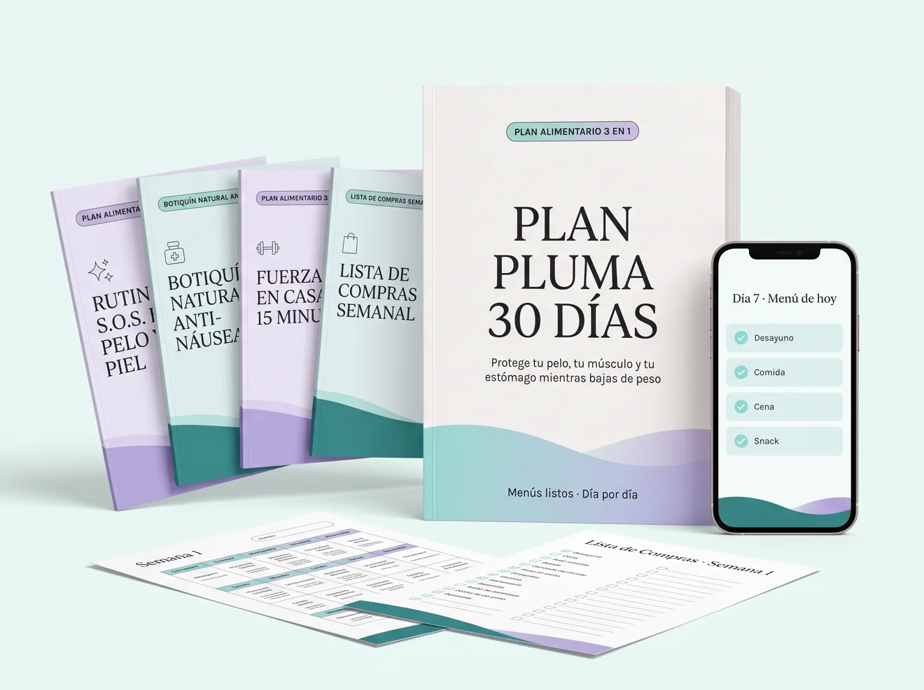 Plan Pluma 30 Días con sus 4 bonos: libro, hojas de menú, lista de compras y versión para celular